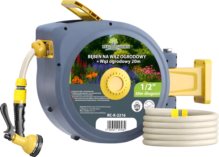 Sienas automātiskā dārza šļūtenes spole 1/2", 20 m – komplekts