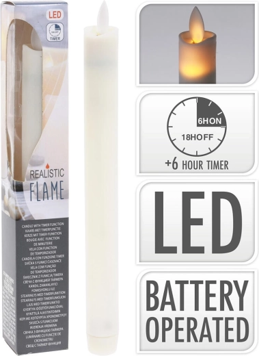 LED svece 23 cm ar mirgojošu liesmu un taimeri, ziloņkaula krāsā