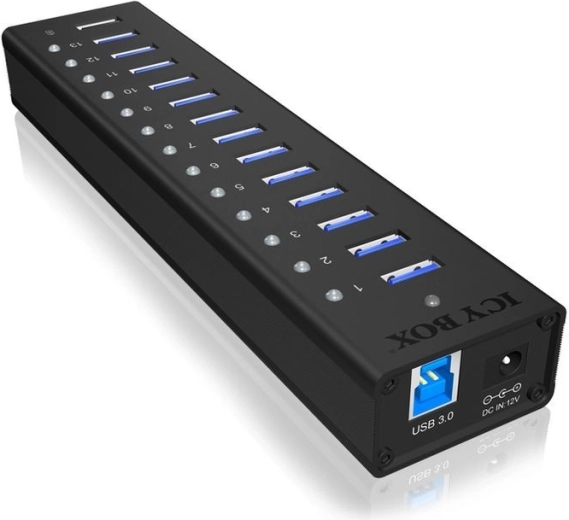 Icy Box aktīvais USB 3.0 alumīnija USB centrmezgls, 13 porti + uzlādes ports
