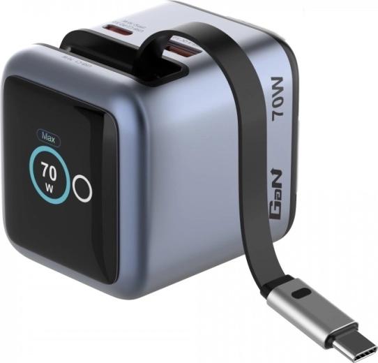 Verbatim mini GaN lādētājs 70 W ar izvelkamu USB‑C kabeli un displeju
