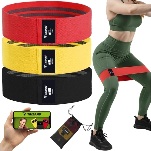TRIZAND tekstila pretestības gumiju komplekts 3 gab. 8–31 kg ar treniņu plānu (QR)