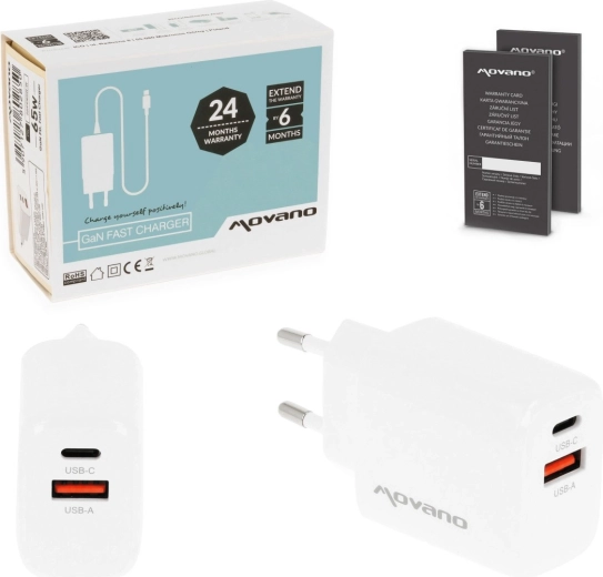 Movano GaN tīkla lādētājs 20 W USB-C PD + USB-A balts