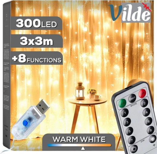 LED curtain lights with remote control 300 LED 3 × 3 m, warm white