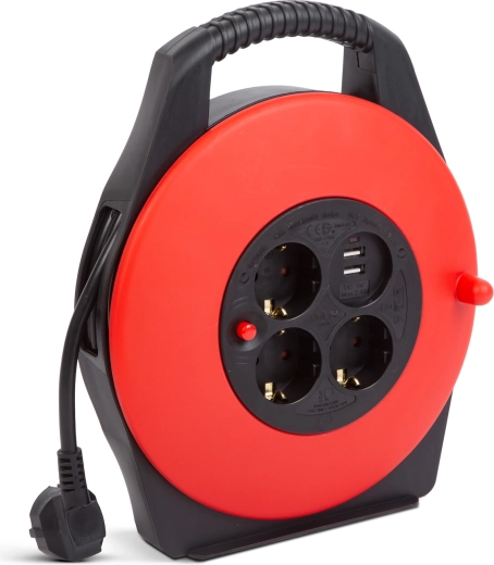 Kabeļa spole ar plastmasas rokturi, 3 kontaktligzdām un 2 USB pieslēgvietām, 10 m