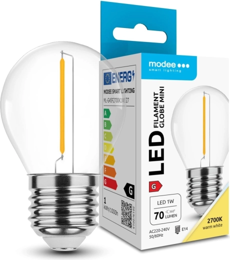 Modee LED kvēldiega mini spuldze G45 1 W E27, silti balta 2700 K, 70 lm