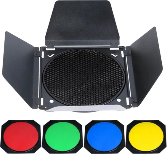 Godox BD-04 klapju, šūnveida režģa un krāsu filtru komplekts 7" reflektoram
