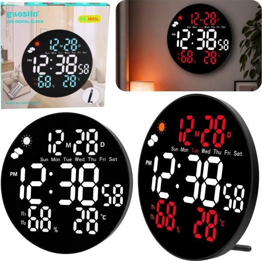 Gaosio digitālais LED sienas pulkstenis 25 cm ar temperatūru, mitrumu un tālvadības pulti