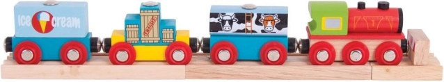 Bigjigs Rail kravas vilciens ar precēm un 3 sliedēm