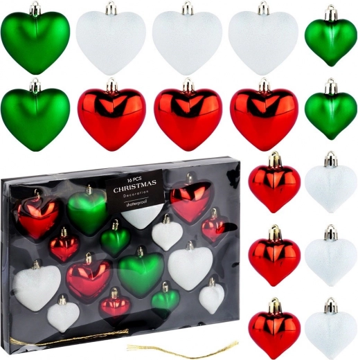 Set of shatterproof Christmas heart ornaments red, green and white 16 pcs (6.5 cm and 4.5 cm)