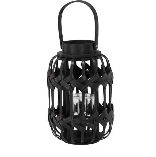 Melns metāla laternas svečturis ar stikla ieliktni, augstums 30/43 cm