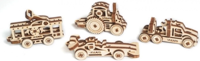 Ugears 3D koka mehāniska puzle – 4 transportlīdzekļu piekariņu komplekts