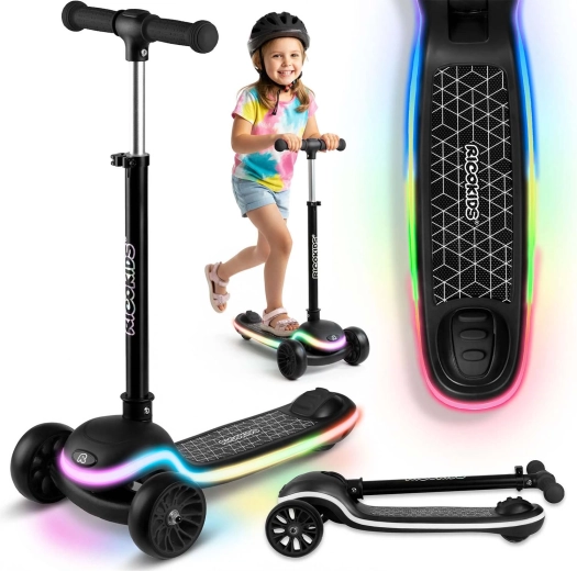 Bērnu trīsriteņu balansējošais skrejritenis ar LED apgaismotu platformu Ricokids Leddi – melns
