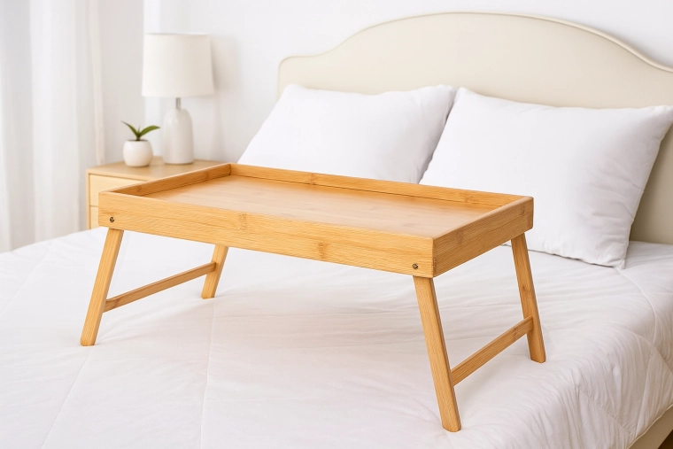 Bamboo breakfast tray table and laptop stand for bed with foldable legs 50 × 30 cm