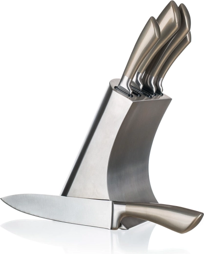Nerūsējošā tērauda virtuves nažu komplekts METALLIC Platinum, 5 gab. ar statīvu