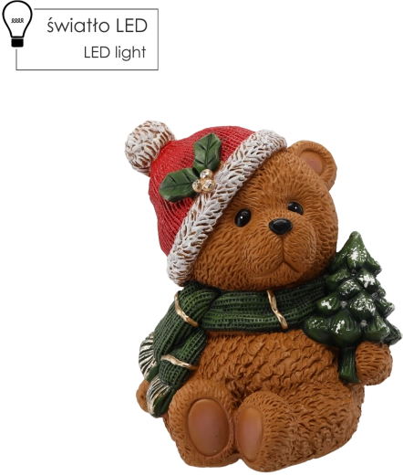 Ziemassvētku lācīša figūra ar Ziemassvētku eglīti un LED apgaismojumu, 27 × 25 × 29 cm