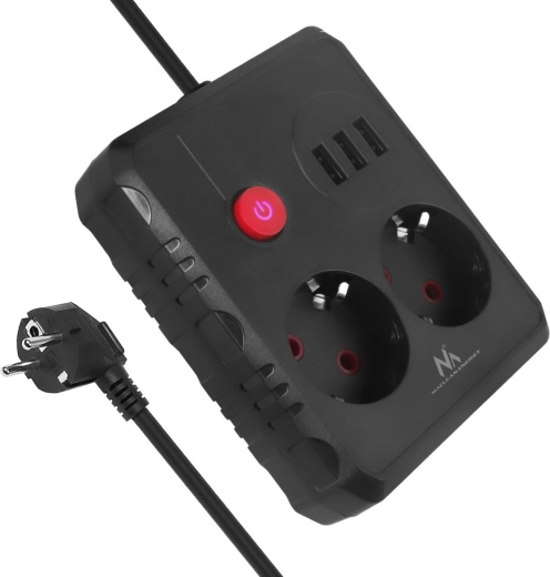 Pārsprieguma aizsardzības pagarinātājs ar 2 rozetēm un 3× USB, 2500 W, 3 m, melns