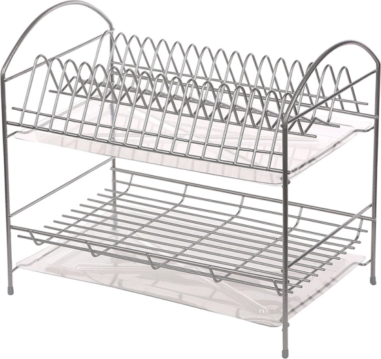 Metpol two-tier dish drying rack 40 cm, silver, with drip tray