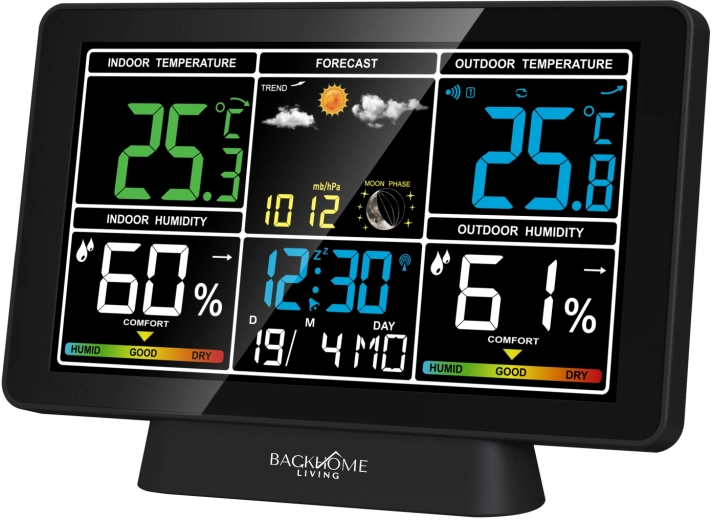 Digital weather station with RCC, mains/battery-powered, black, 20 × 4 × 13.5 cm