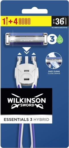 Wilkinson Essential 3 Hybrid vīriešu skuveklis ar rokturi un 4 galviņām