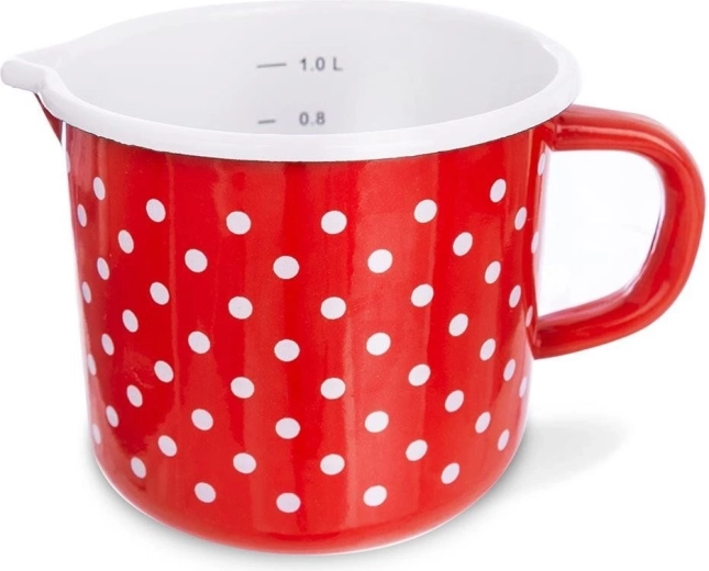 Enamel mug with measuring scale, red with polka dots TECKA 1.2 l
