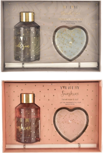 Gift set: reed diffuser and scented candle with heart motif
