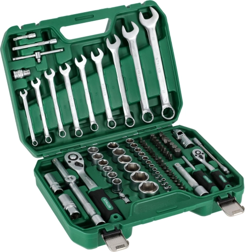 Stalco sprūdrata un uzgaļu atslēgu komplekts 1/2" + 1/4" (82 daļas)