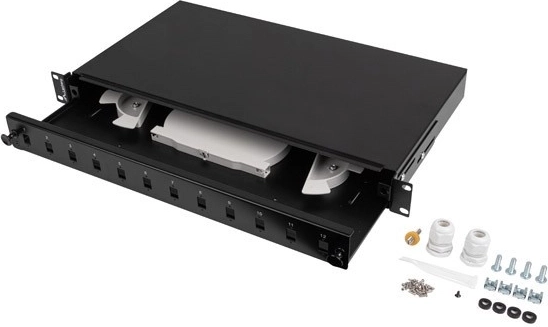 Optiskā sadalpanelis 19'' 1U, 12× SC simplex / 12× LC duplex, izvelkams, melns + piederumi