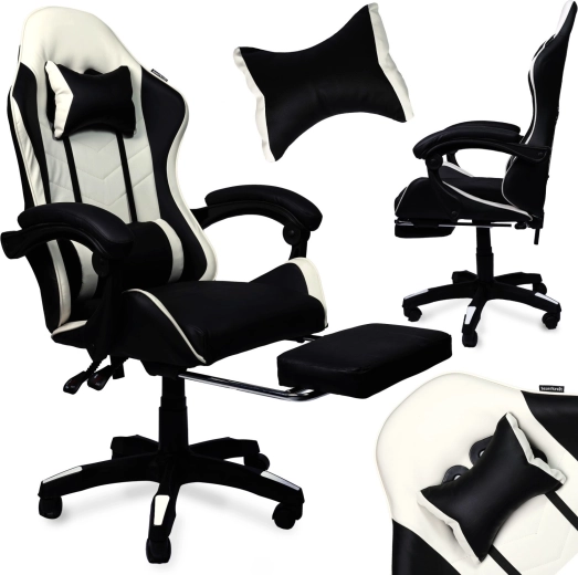 Black and White Faux Leather Gaming Reclining Chair with Footrest
