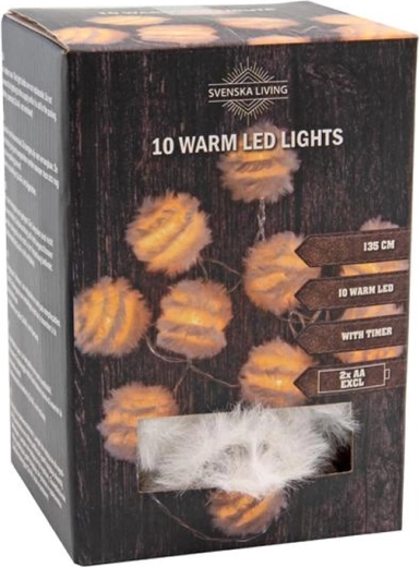 Ziemassvētku gaismas virtene ar 10 LED bumbiņām ar spalviņām un taimeri 1,35 m – silti balta gaisma