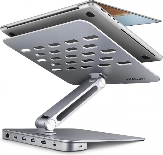 Axagon HMC-STND alumīnija 7-vienā USB-C hubs ar statīvu klēpjdatoriem 10–16", HDMI 4K/60 Hz, 3× USB-A, GLAN, PD 100 W, 60 cm kabelis