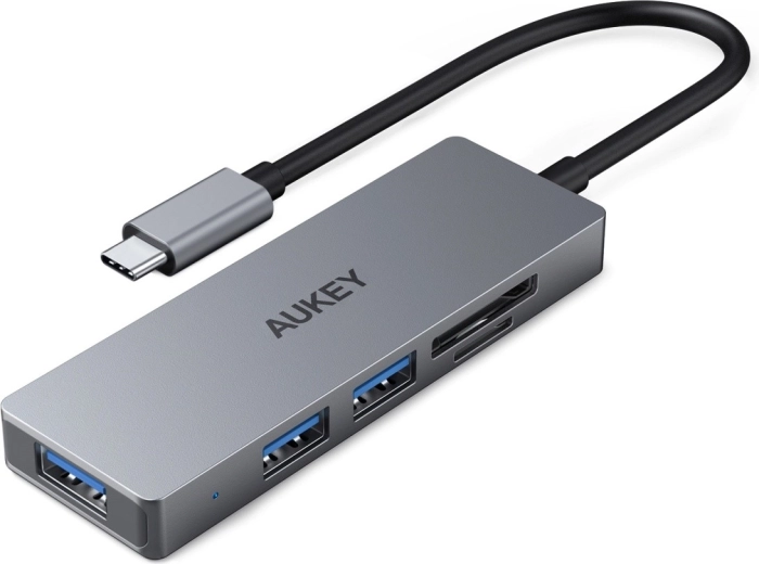 Aukey īpaši plāns alumīnija USB-C centrmezgls 4 vienā (3× USB 3.1, SD un microSD)