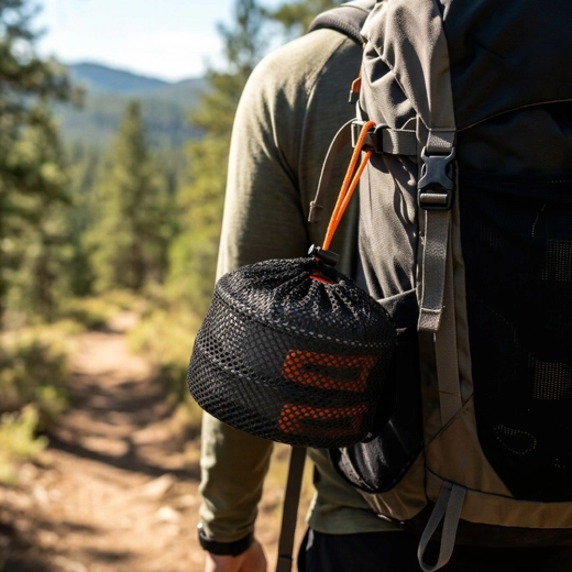 Packable in a backpack: pieces nest together, bag included
