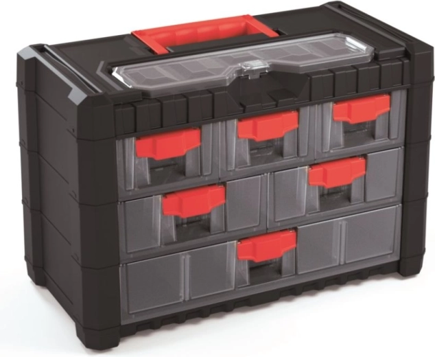 Plastmasas piekaramais instrumentu organizators ar 6 atvilktnēm 400 × 200 × 260 mm