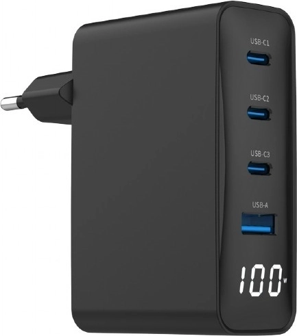 Universāls GaN lādētājs 100 W 1x USB-A 3x USB-C ātrā uzlāde LCD melns