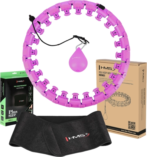 Masāžas viedais hula-hoop riņķis ar atsvaru HMS HHW12 Plus Size + neoprēna slaidinošā josta BR163, violeta