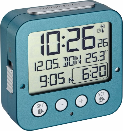 TFA turquoise digital radio-controlled alarm clock with thermometer