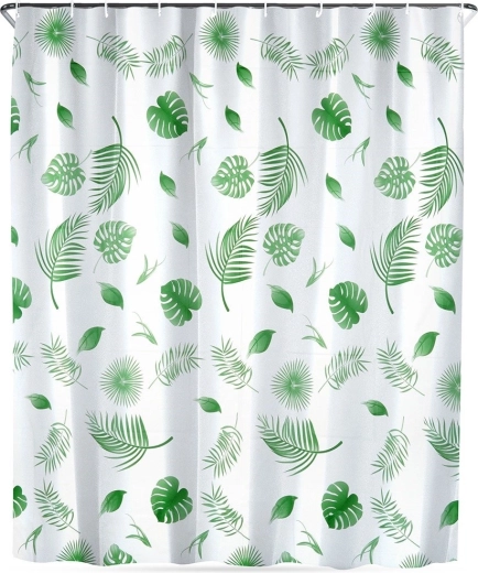 Ūdensnecaurlaidīgs dušas aizkars ar āķīšiem 180 × 180 cm, zaļas lapas