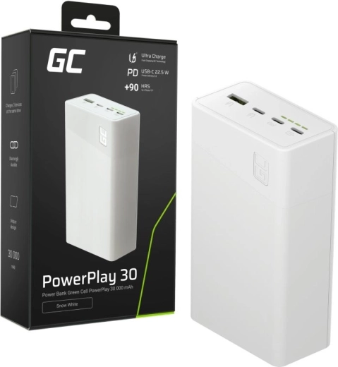 Powerbanka 30 000 mAh, 22,5 W, 4 porti, balta