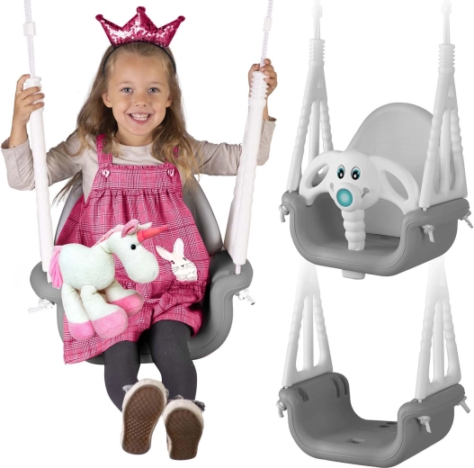 Ricokids bērnu modulārās šūpoles Zilonītis 3v1 pelēki baltas