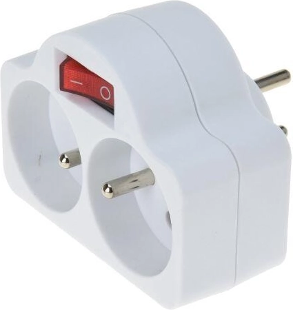 Socket splitter with ON/OFF switch, 2 outlets, white