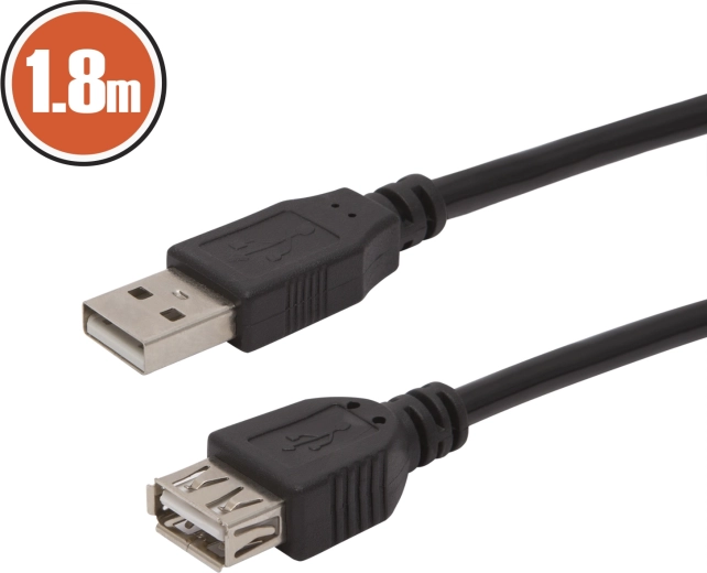 USB pagarinātājs USB-A, 1,8 m, melns