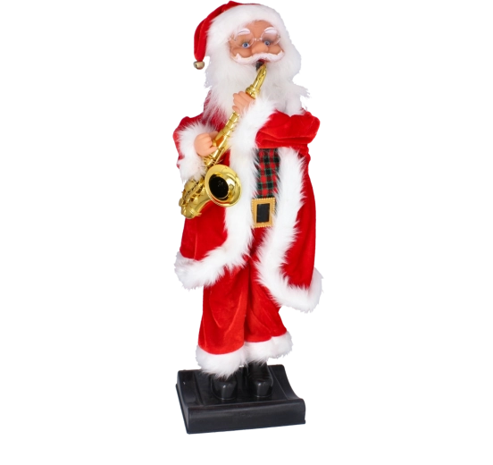 Spēlējoša Ziemassvētku figūriņa Ziemassvētku vecītis ar saksofonu 81 cm – 1 gab.