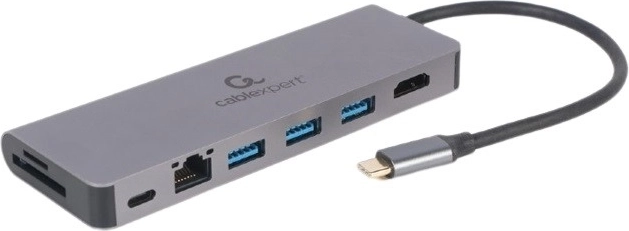 USB‑C centrmezgls ar HDMI (UHD 4K), gigabitu LAN, 2× USB‑A, SD/microSD un 100 W PD – CABLEXPERT