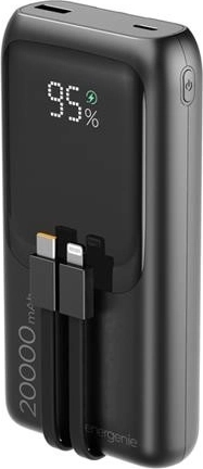 Powerbanka 20 000 mAh ar integrētiem kabeļiem, PD 20 W un LCD, melna