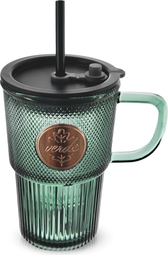 Glass mug with lid and straw VERDE 450 ml