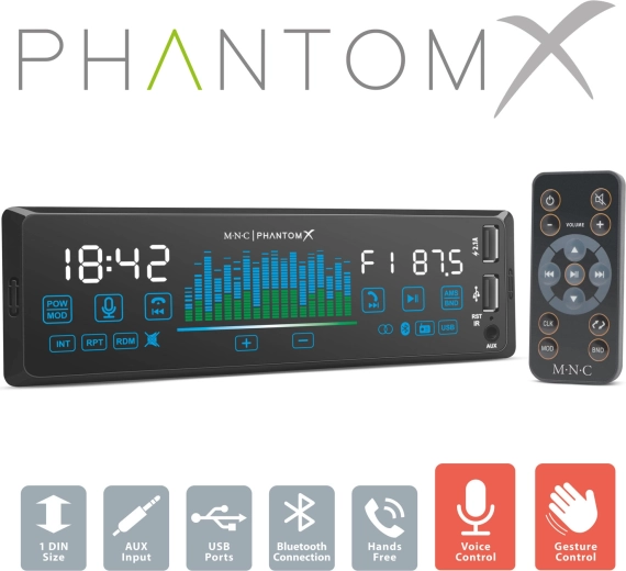 MNC PhantomX 1 DIN Car Stereo with Gesture Control and Bluetooth