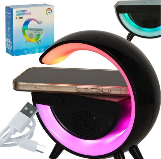 RGB LED lampiņa ar bezvadu lādētāju un skaļruni (melna)