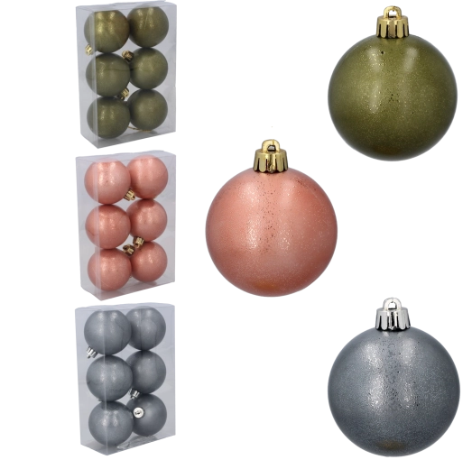 Plastmasas Ziemassvētku bumbiņu komplekts 6 cm – olīvzaļa, vara un grafīta (6 gab.)