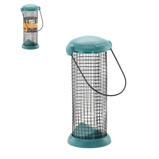 Hanging bird feeder with flap, metal mesh, 21 cm