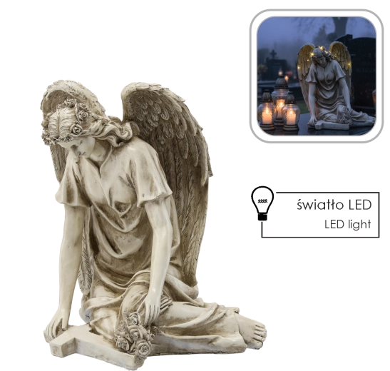 Eņģeļa statuja ar krustu un LED vainagu, bēša 34 × 26,5 × 38 cm